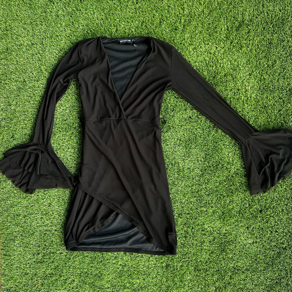 Black Mini Dress Bell Mesh Sleeves